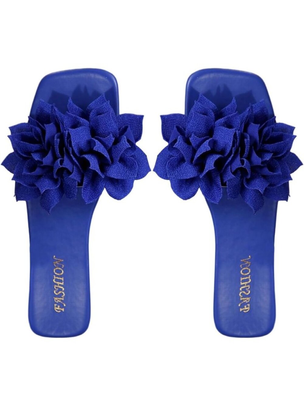 Women's Blue 3D Floral Square Open Toe Single Band Casual Slip on Flats Slides